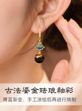 莲花珐琅彩耳环天然虎眼石耳坠女2026新爆款轻奢老钱风美拉德耳饰