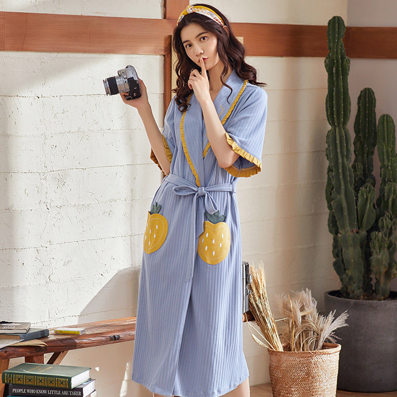 夏薄款纯棉韩版系带性感草莓睡袍 朵拉日记睡袍/浴袍