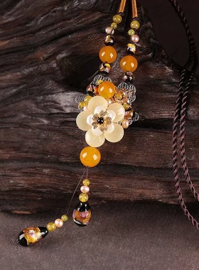 新中式国风项链玛瑙高级感旗袍毛衣链长款黄花瓣女款挂件配饰简约