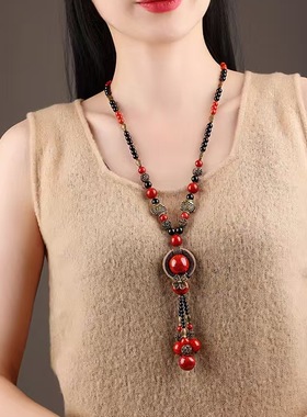 新中式国风项链轻奢串珠陶瓷高级感民族风毛衣链百搭旗袍配饰挂件