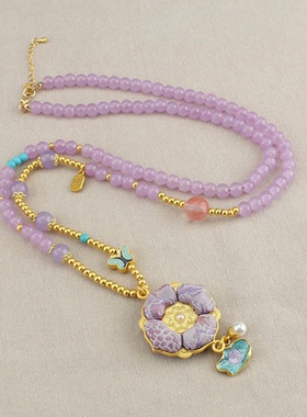 宋锦四叶花珍珠串珠轻奢高级感项链女中式国风毛衣链旗袍配饰简约