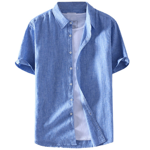 细条纹亚麻衬衫男短袖夏季薄款宽松休闲上衣日系复古棉麻衬衣半袖 - 图3