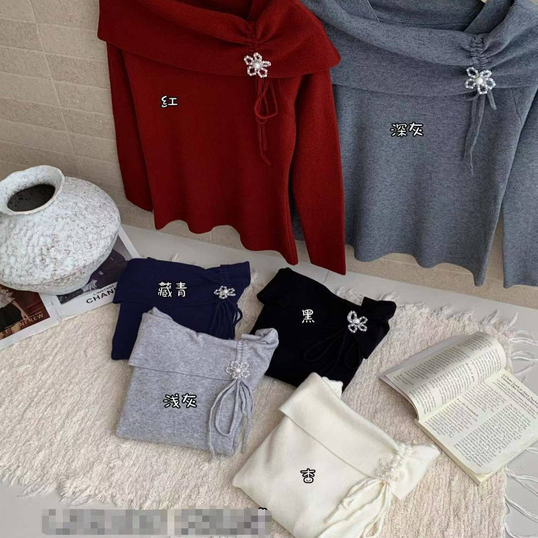 2025春秋新款法式纯欲立体花朵长袖针织衫女一字肩上衣打底衫气质,淘宝优惠券,粉丝福利购,淘宝优惠卷