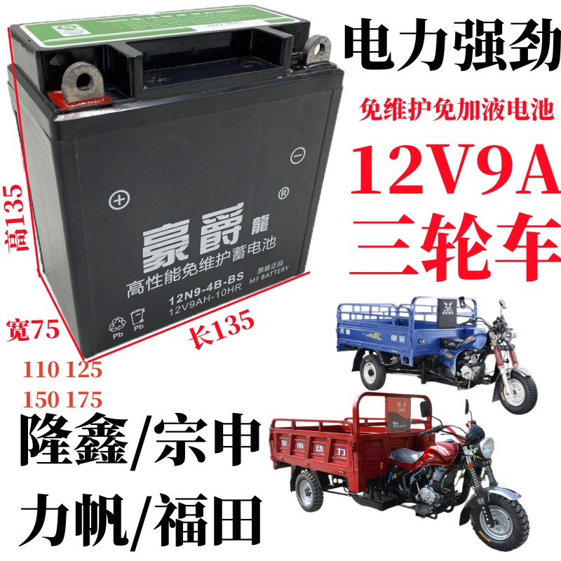 12V9ah摩托车电瓶宗申150福田175隆鑫200三轮车太子刀仔125干电池 - 图0