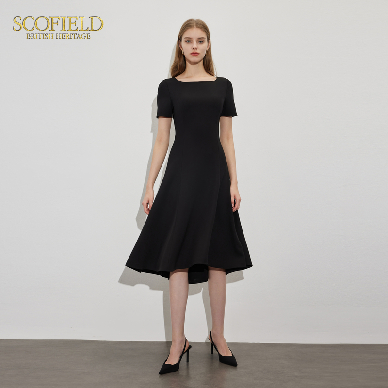 Scofield女装立体波浪裙摆气质短袖裙子优雅小黑裙2024夏季新款