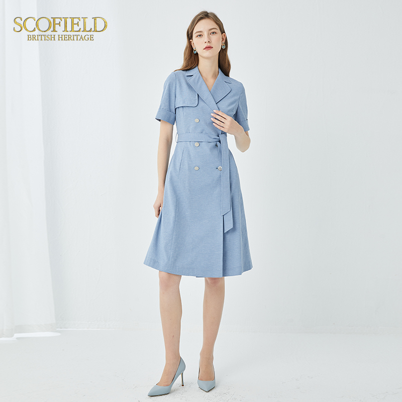 Scofield夏季新款简约通勤优雅收腰显瘦两穿式中长款风衣连衣裙 - 图3