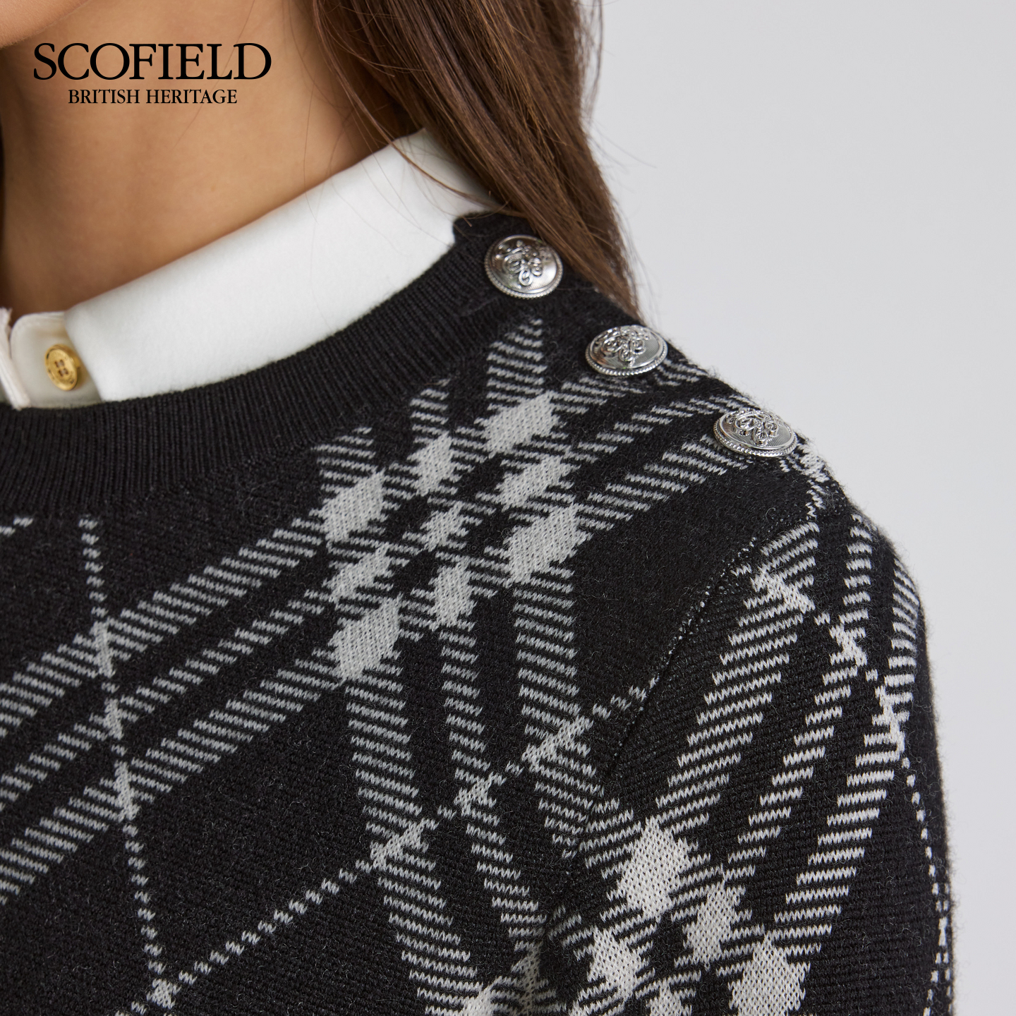 【美丽诺羊毛】Scofield女装复古英伦菱格纹圆领针织衫2025冬新品 - 图2