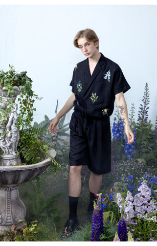 花鉴 复古植物图谱刺绣宽松棉麻夏国潮设计衬衫 山谷少年原创男装 - 图1