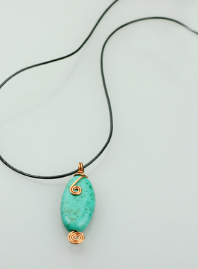 素元绿色优化松椭圆形项链长款毛衣链吊坠藏族民族风手工纯银配饰