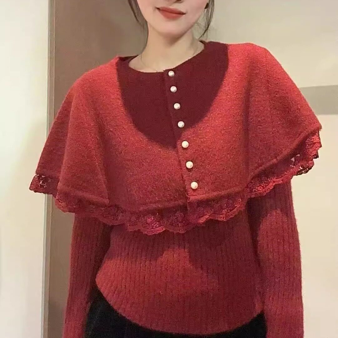 法式复古甜美蕾丝花边拼接斗篷披肩针织打底衫毛衣两件套装女秋冬,淘宝优惠券,粉丝福利购,淘宝优惠卷