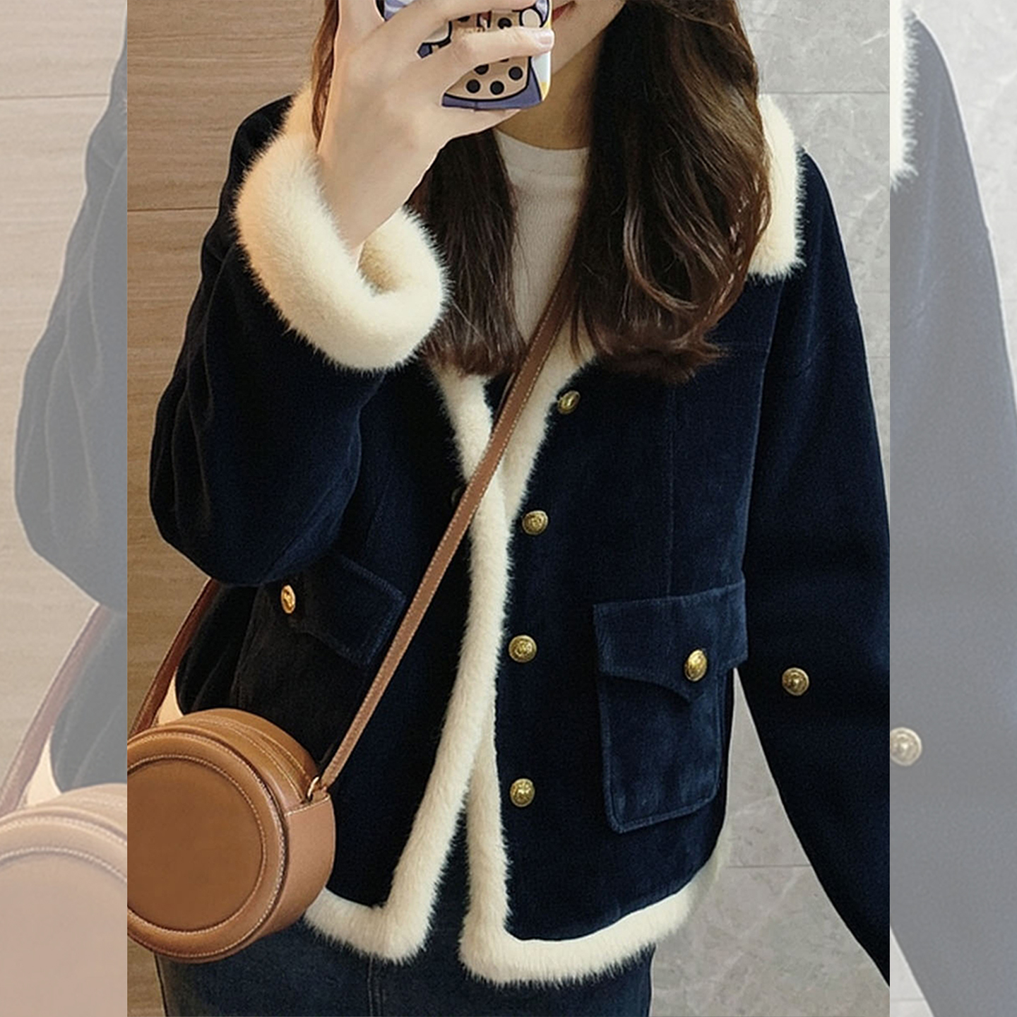 2025新款爆款巨好看的初冬藏蓝色小香风加绒加厚羊羔绒外套女冬季 - 图3