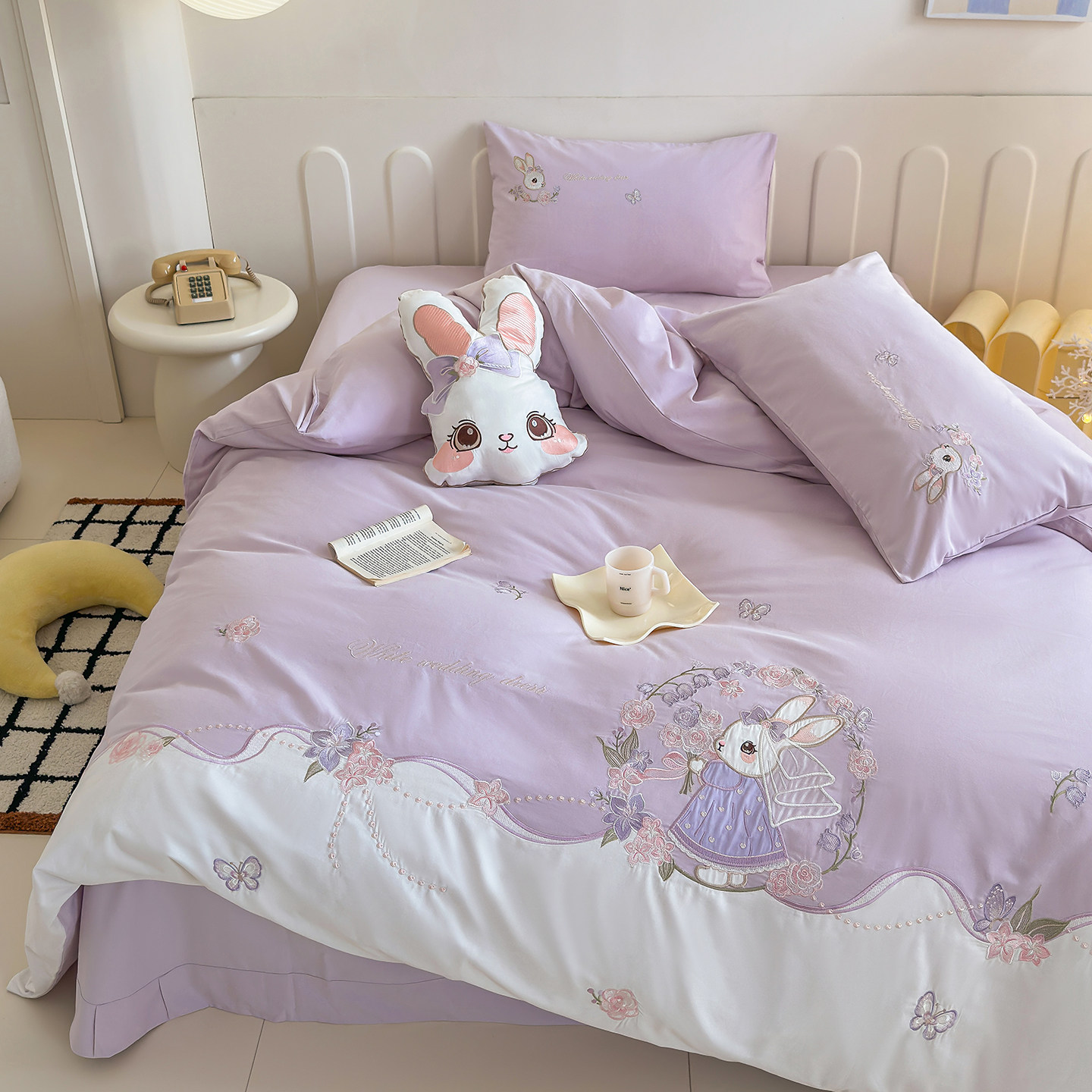 儿童床上用品加厚女孩磨毛纯棉四件套儿童全棉紫色兔子被套三件套,淘宝优惠券,粉丝福利购,淘宝优惠卷