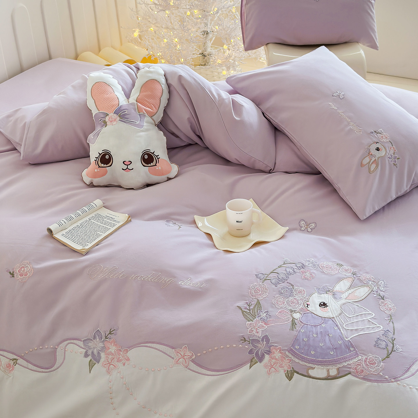 儿童床上用品加厚女孩磨毛纯棉四件套儿童全棉紫色兔子被套三件套,淘宝优惠券,粉丝福利购,淘宝优惠卷