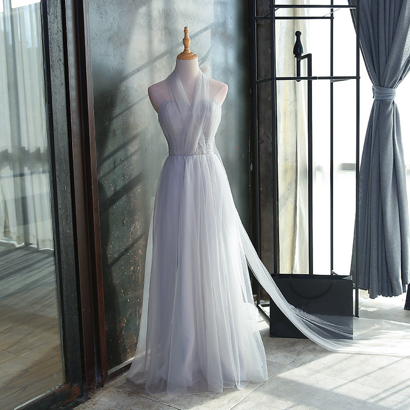 灰色礼服抹胸2017伴娘服姐妹裙长款修身显瘦