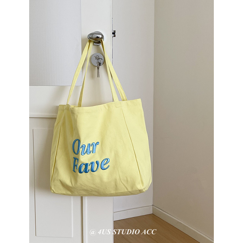 韩系慵懒风立体绣绿色帆布包大容量单肩撞色托特包小清新购物布袋,淘宝优惠券,粉丝福利购,淘宝优惠卷