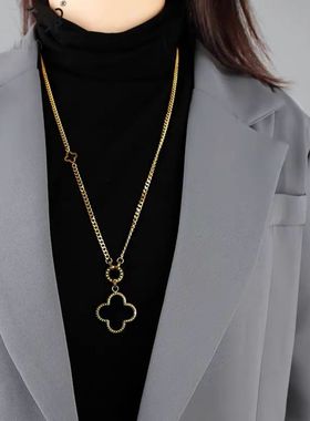 钛钢四叶草长款玫瑰金金毛衣链