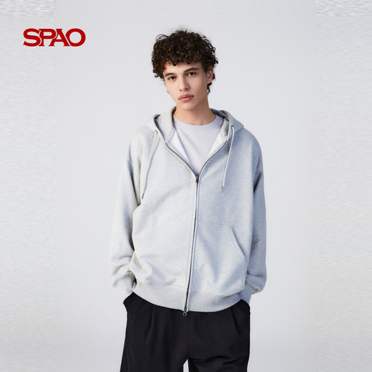SPAO韩国同款2025年春秋季男女同款时尚纯色拉链开衫连帽卫衣