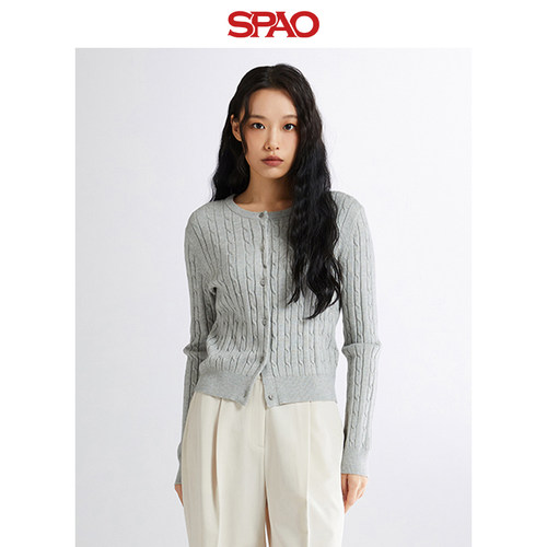 SPAO韩国同款秋季女士简约时尚易搭短款长袖毛衣开衫 - 图0