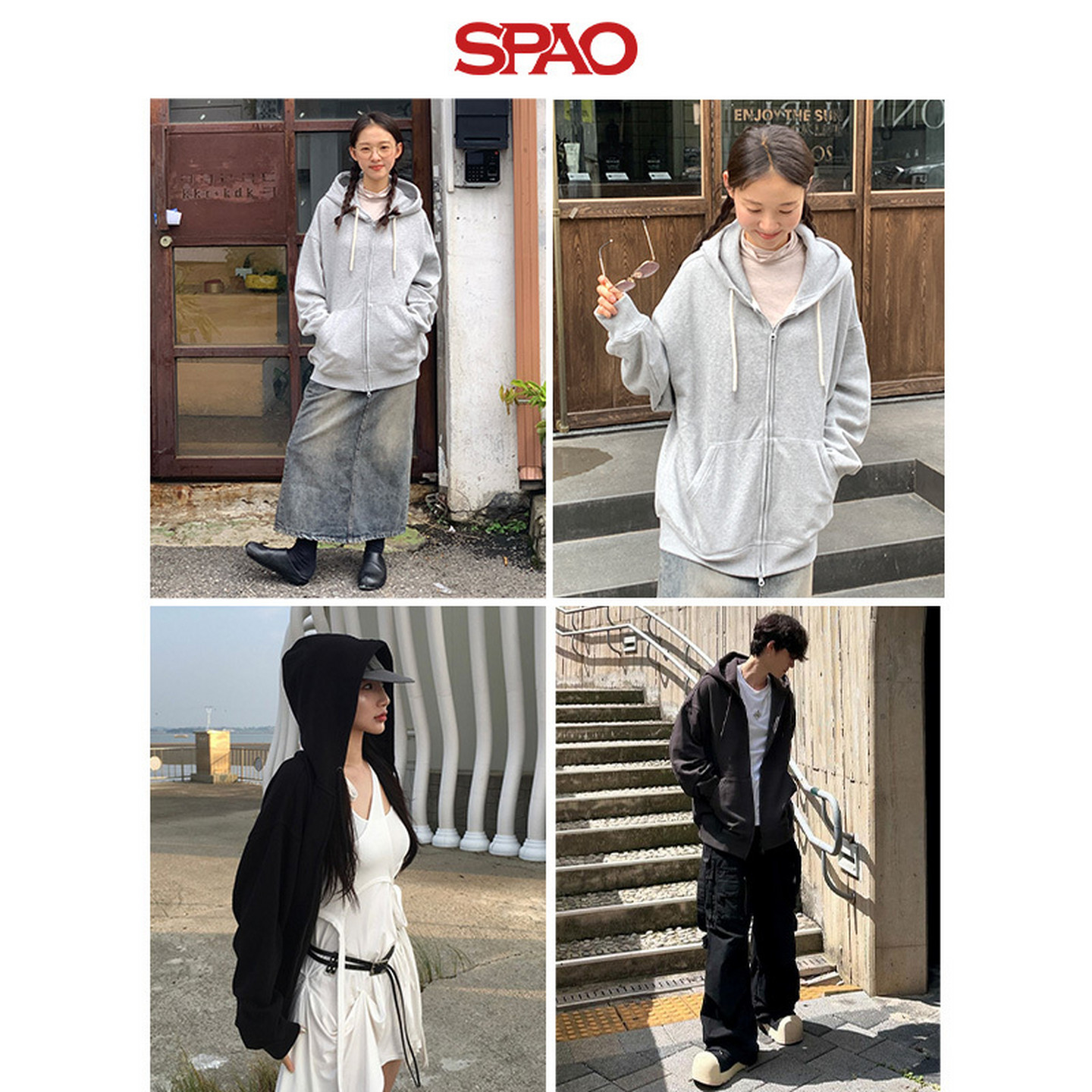 SPAO韩国同款秋季休闲开衫男女同款休闲宽松落肩连帽卫衣外套上衣 - 图2