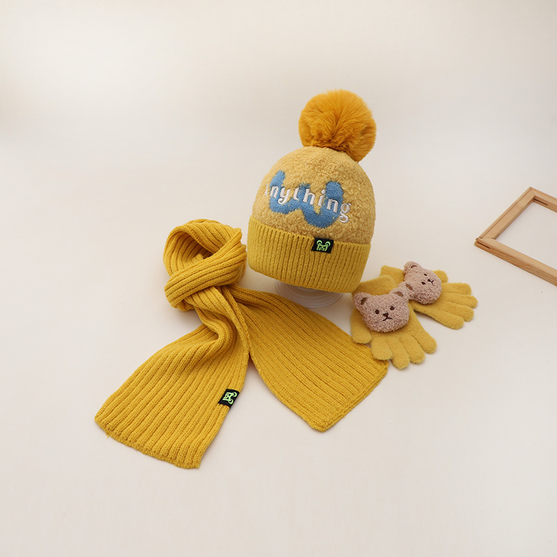韩版儿童帽子秋冬女孩毛线帽男孩针织帽中大童刺绣帽子围巾两件套