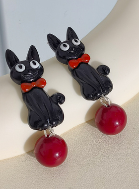 领结小黑猫小众设计感立体黑色猫咪生物瓷耳钉甜美少女心独特耳环