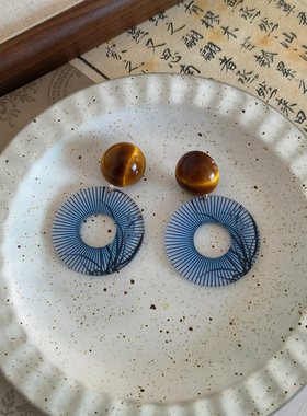 新中式复古蓝色几何圆圈耳环