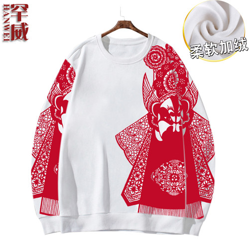 古风戏曲剪纸圆领卫衣男女全幅上衣服中国风创意长袖加绒保暖外套 - 图3