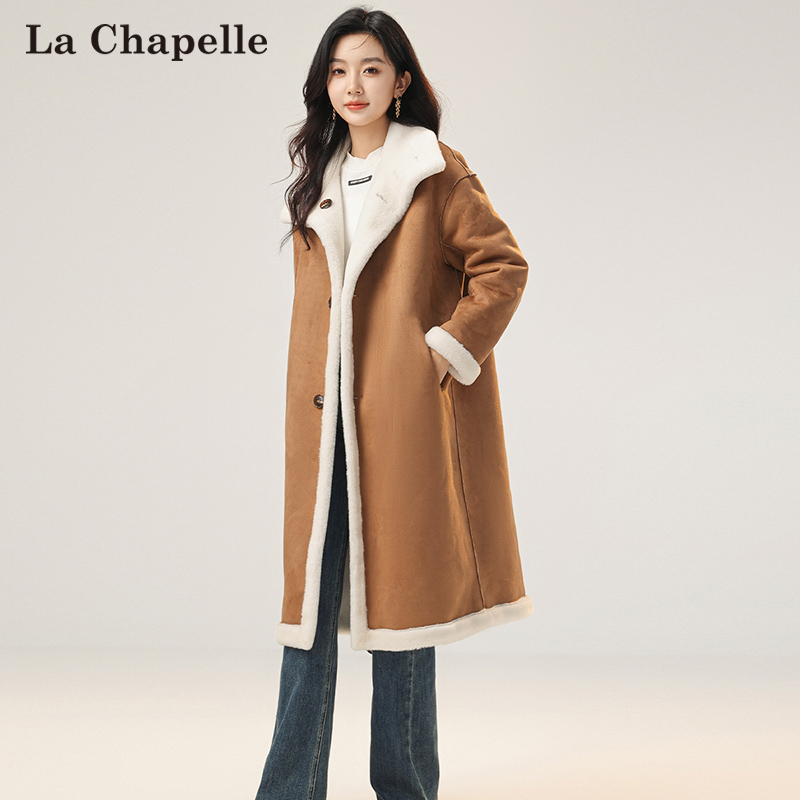 拉夏贝尔大衣冬季新款韩系潮流百搭长款颗粒绒加厚羊羔毛外套女