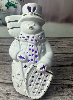 出口陶瓷创意白色描金圣诞节礼物装饰摆件变色雪人音乐彩灯