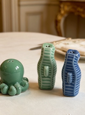 出口尾单陶瓷手绘可爱蓝色小章鱼调料胡椒粉瓶装饰摆件家居用品