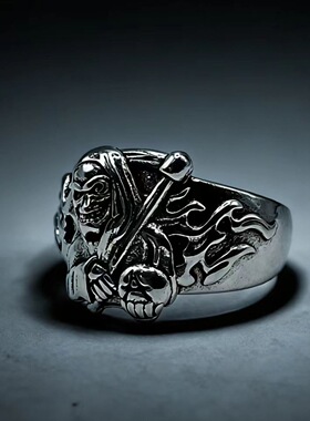 复古暗黑系死神骷髅开口戒指霸气朋克恐怖风设计潮男个性小众指环