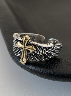 欧美原创复古翅膀十字架涂鸦字母开口戒指霸气个性男指环天使翅膀