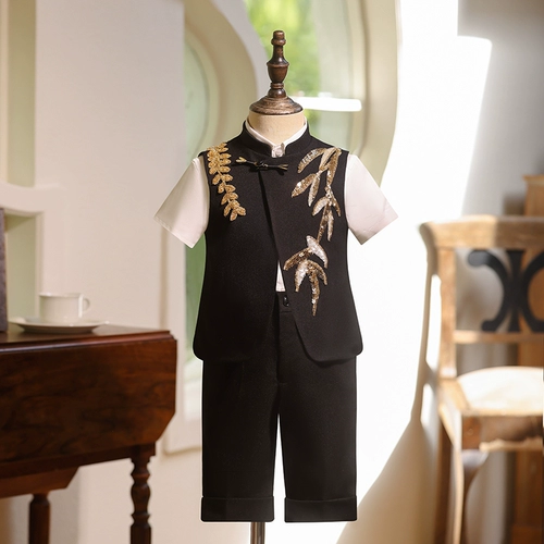 Детский классический костюм, черный костюм мальчика цветочника, китайский стиль, для подиума