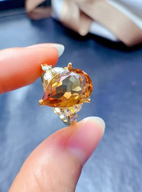 水滴形黄水晶戒指女925银镶钻