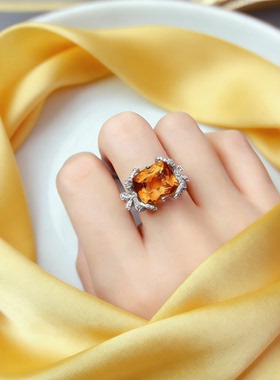 巴西天然黄水晶S925银戒指招财