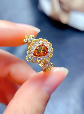 天然黄水晶戒指女夏转运招财花