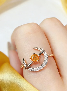 采金金钰925银黄水晶镶钻戒指