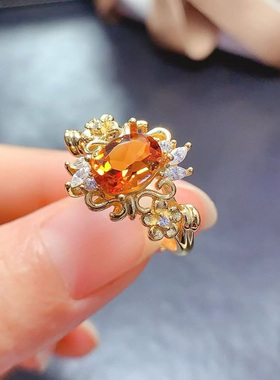 925银镀18k金镶钻天然黄水晶戒指