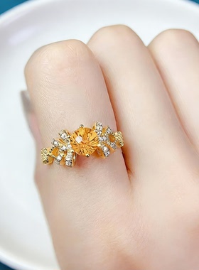 采金金钰925银橙宝石花朵戒指