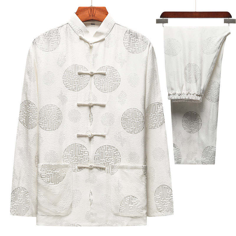 中老年人真丝唐装男长袖桑蚕丝绸 蓝吉奥民族服装