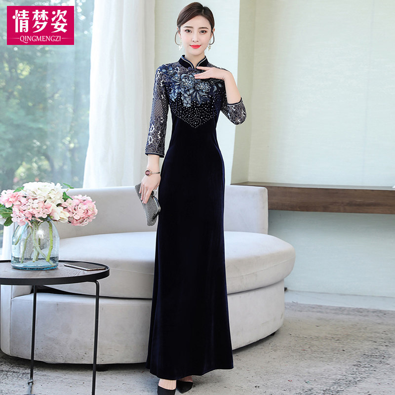 秋款贵夫人高端洋气金丝绒连衣裙 情梦姿连衣裙