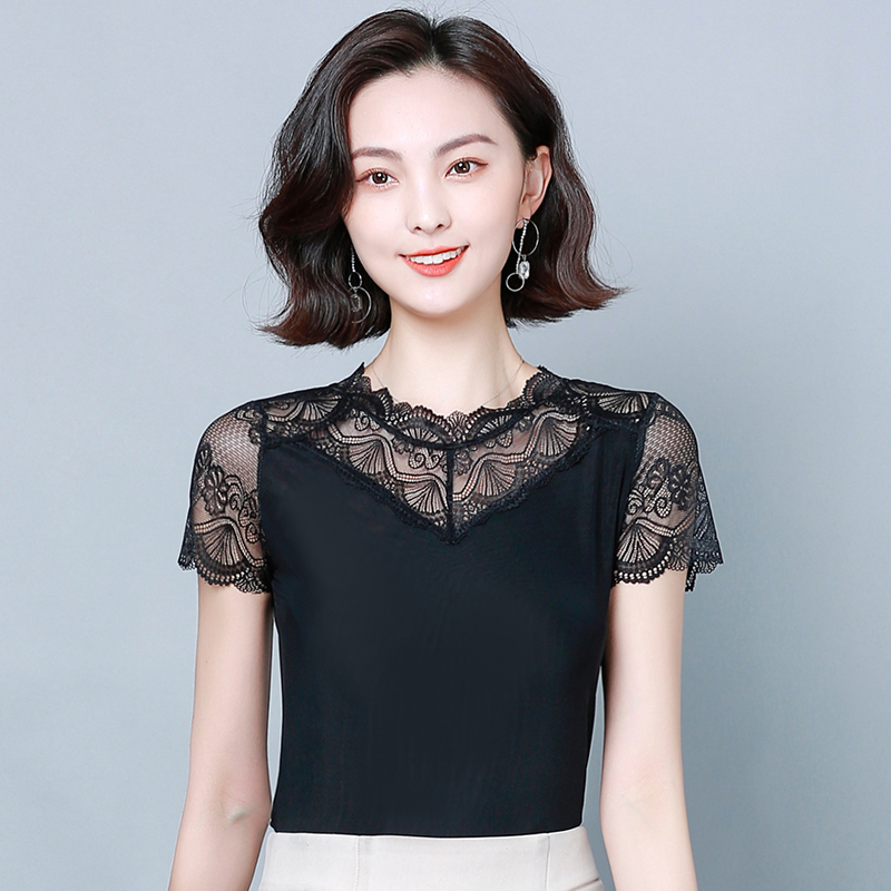 蕾丝夏季短袖2020新款短款洋气t恤 摩登美眉蕾丝衫/雪纺衫