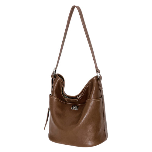 jpjclassic头层植鞣牛皮水桶包女休闲百搭单肩斜挎包通勤包 - 图0