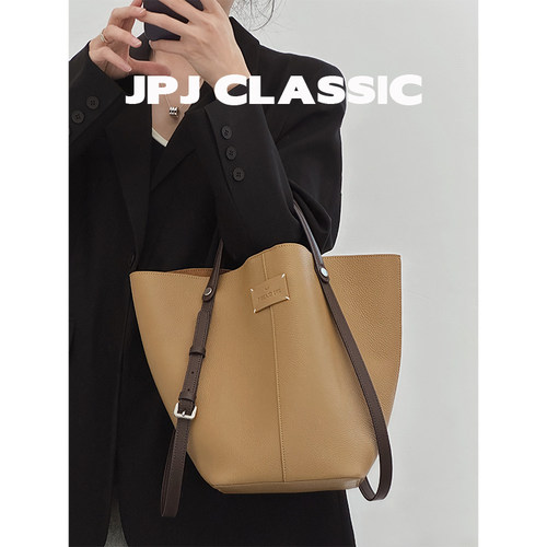 jpjclassic头层荔枝纹牛皮菜篮子水桶包单肩手提包腋下通勤包 - 图1