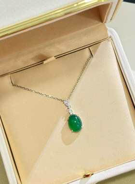 S925银新中式冰种荧光绿玉髓项链吊坠向前高碳钻精工高级感锁骨链