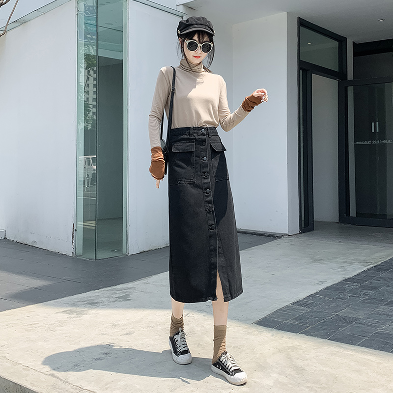 mlisland服饰旗舰店黑色牛仔半身裙女中长款秋冬新款a字高腰显瘦一步包臀长裙子1