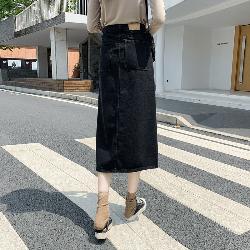mlisland服饰旗舰店黑色牛仔半身裙女中长款秋冬新款a字高腰显瘦一步包臀长裙子3