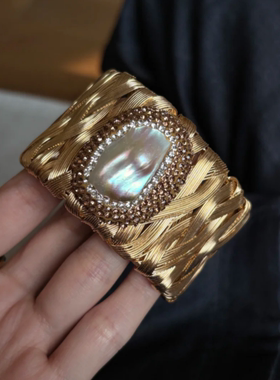 天然巴洛克珍珠金丝手镯夸张小众设计感中古高级感手饰网红爆款潮