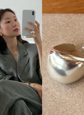 纯银素圈椭圆光面戒指女小众设计宽版女士轻奢高级感气质大气女款