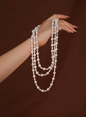 正圆澳白色施家珠珠项链女款2025新款超长时尚百搭气质叠戴毛衣链